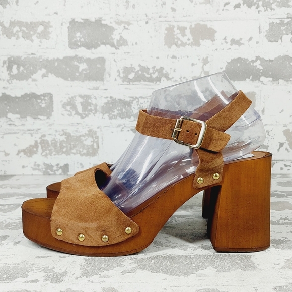 NEW Steve Madden Alabama Platform Brown Suede Wooden Studded Sandals F266 - Picture 1 of 12
